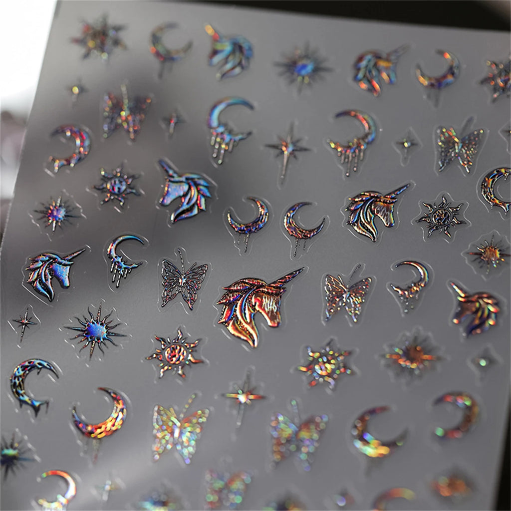 5D Laser Silver Nail Stickers | Unicorn Moon Butterfly Decals Nail Stickers & Decals QXL