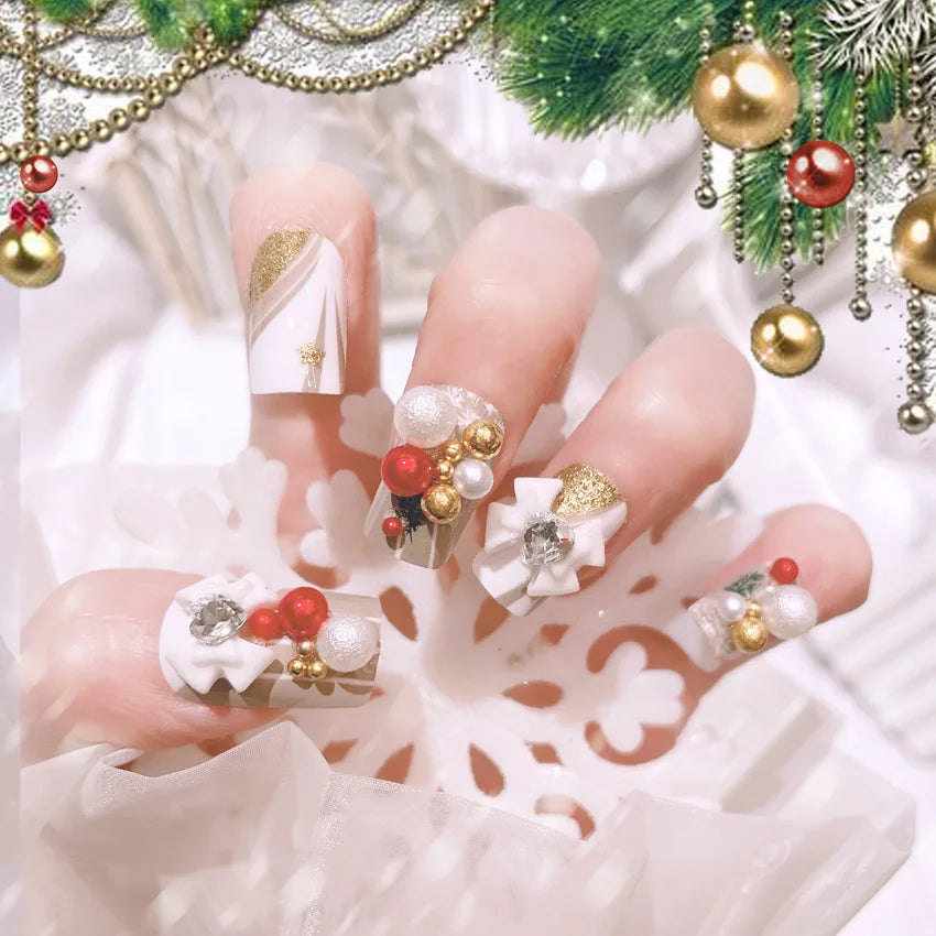 24-Pc Christmas Bowknot Press-On Nails Kit | Festive Manicure Press-On Nail Kit QXL