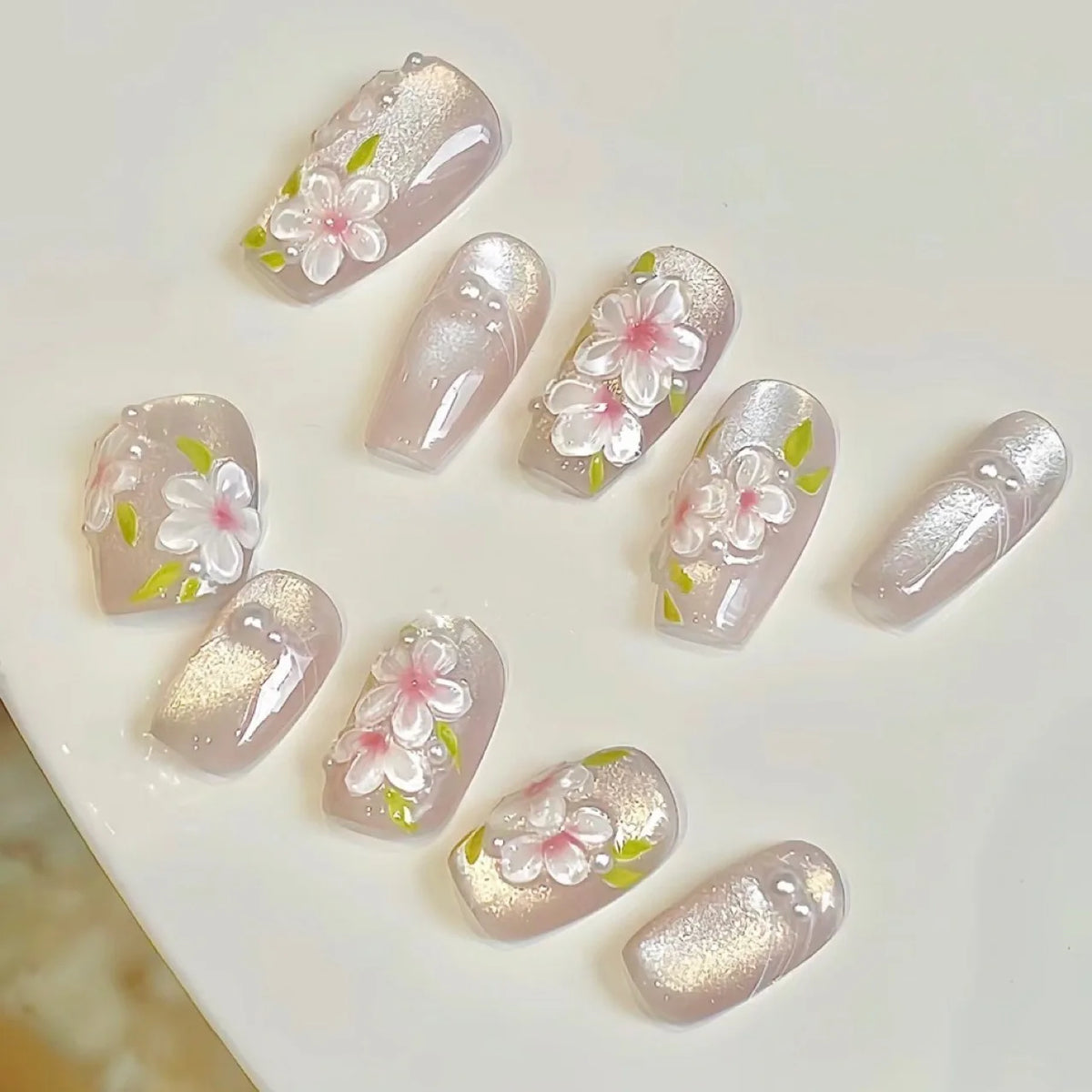 3D Ice Flower Press-On Nails | White Removable False Nail Set Press-On False Nails QXL KX-100354 3D Ice Flo China Mainland