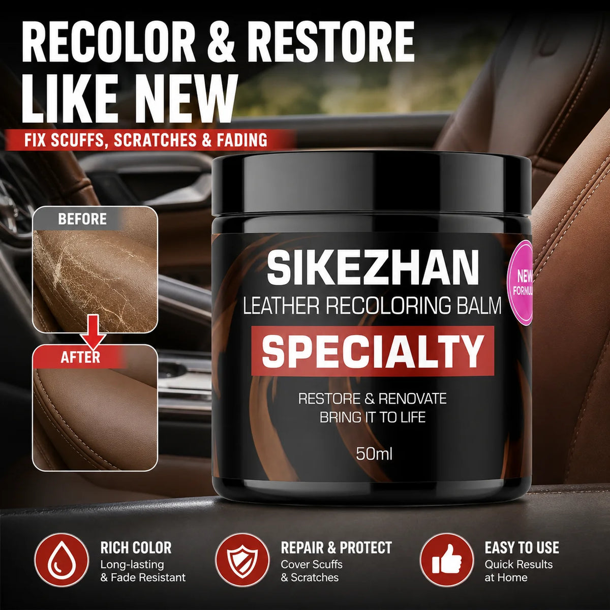 SIKEZHAN Leather Recoloring Balm 50ml | Restore Car Seats & More Leather Restoration Balm QXL