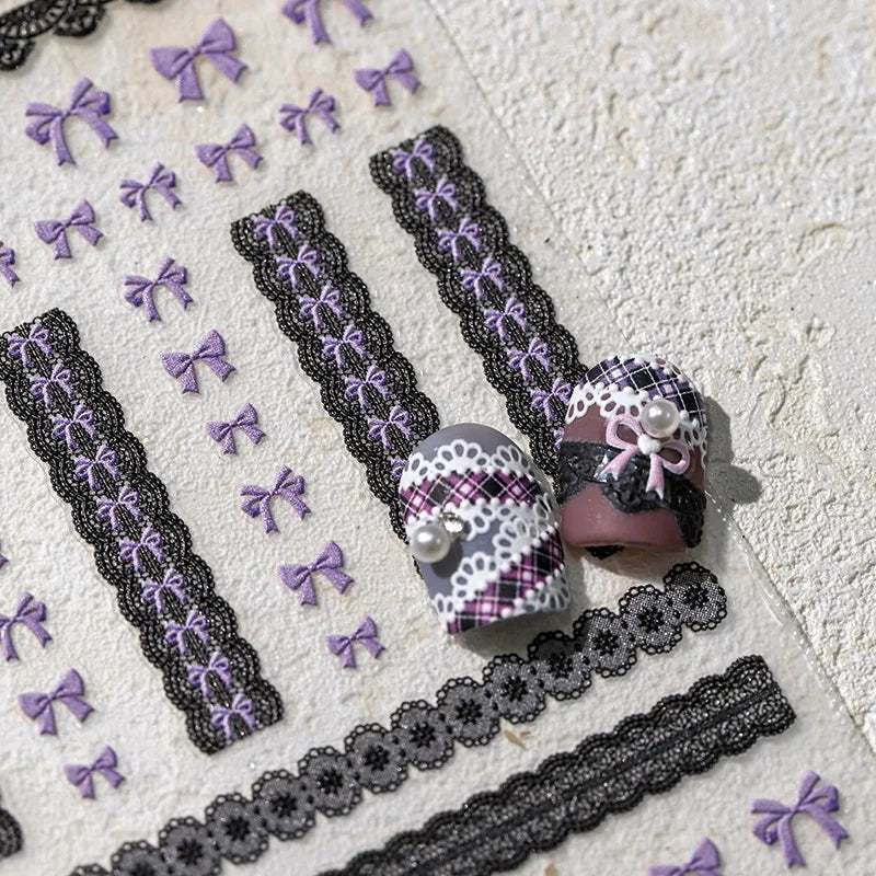 3D Kawaii Nail Stickers – Pink Bowknot & Black Lace Decals Nail Art Stickers QXL