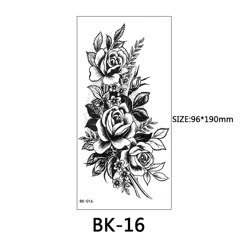 Large Black Floral Temporary Tattoo | Rose & Peony Water Transfer Temporary Tattoo Sticker QXL