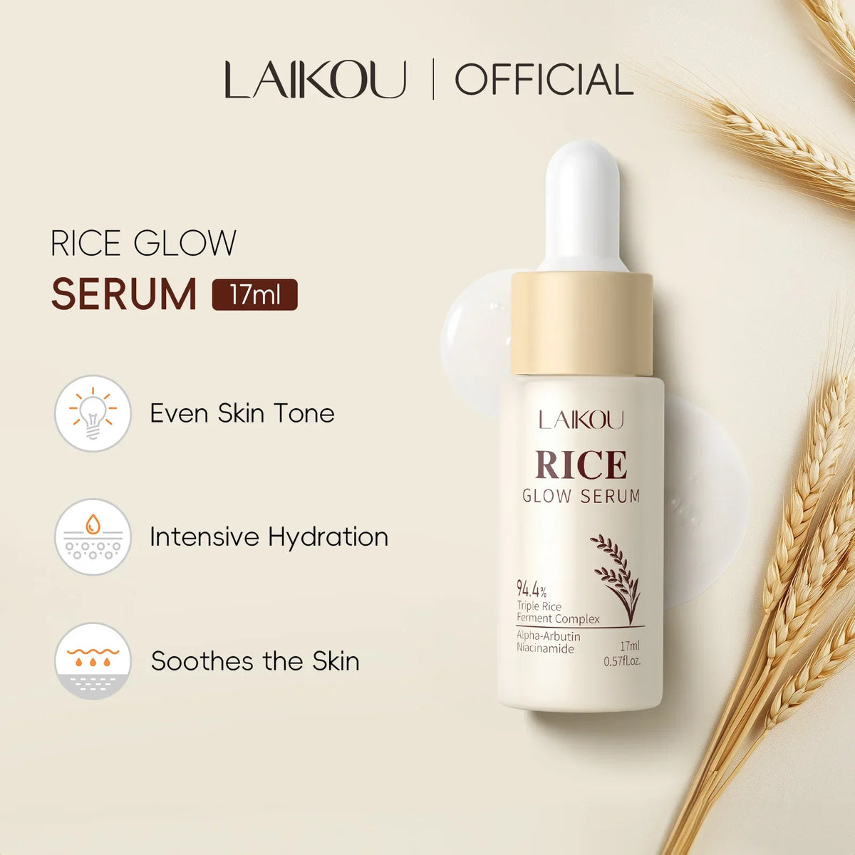 LAIKOU Rice Glow Facial Serum 17ml – Hydrate & Brighten Skin Face Serum QXL