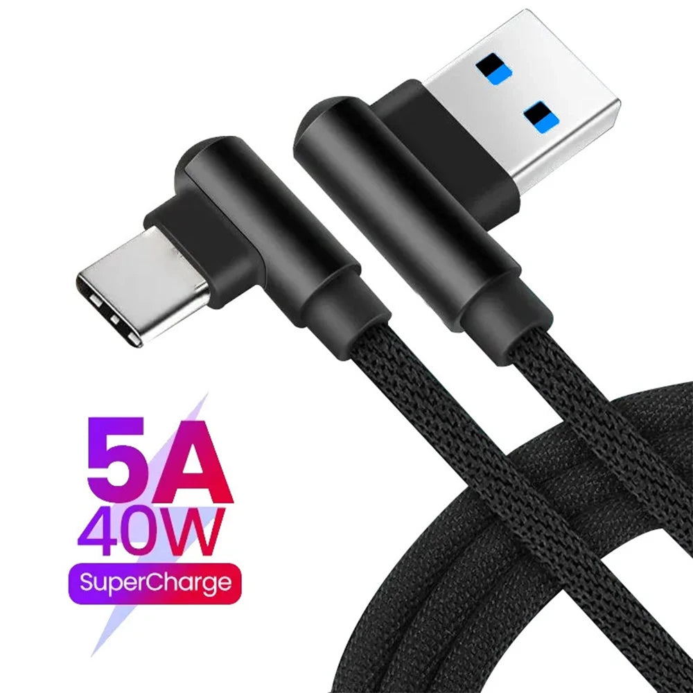 5A USB-C 90° Fast Charging Nylon Braided Cable 1M/2M USB-C Charging Cable QXL