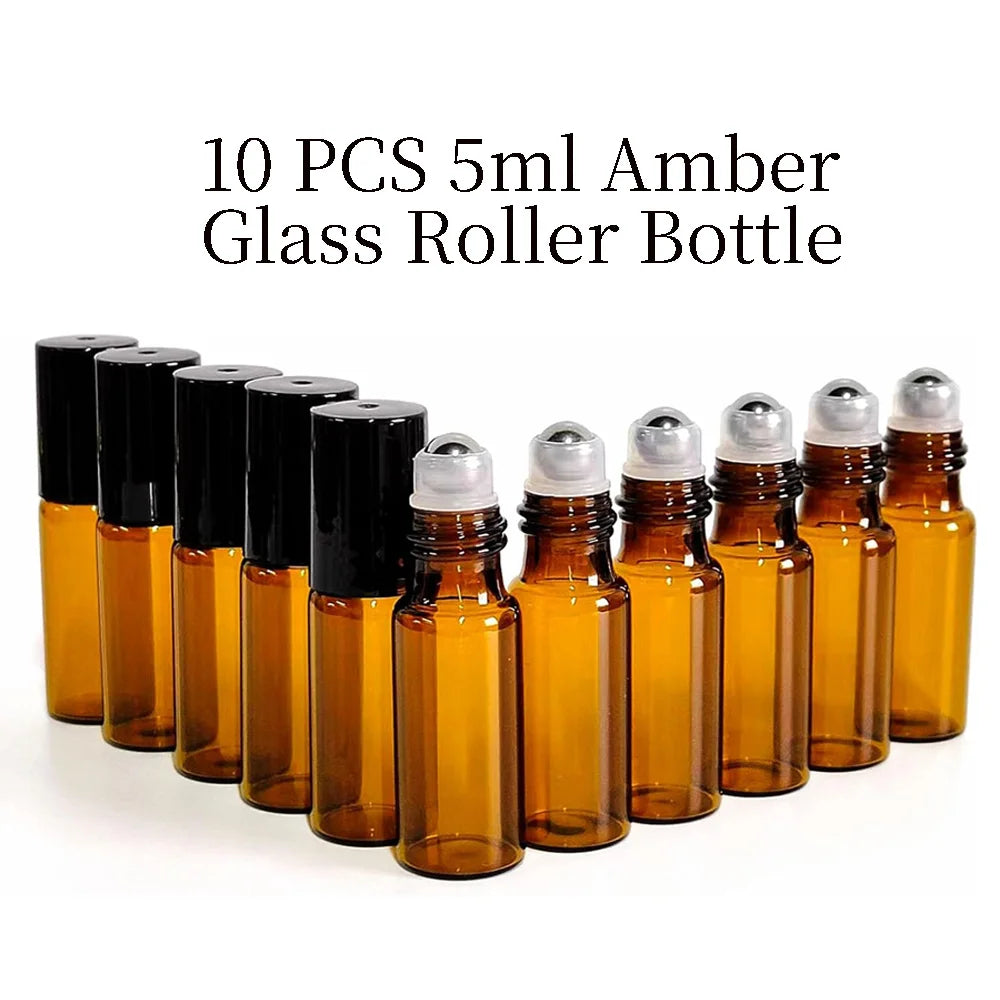 10-Pack Amber Glass Roll-On Bottles | Steel Roller & Black Cap Roll-On Bottles QXL