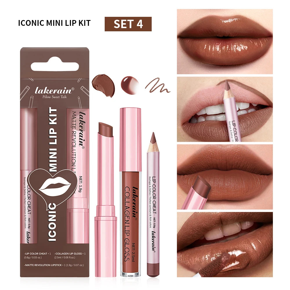 Lakerain Mini Lip Kit – Lipstick, Liner & Gloss Set Lip Makeup Set QXL set4