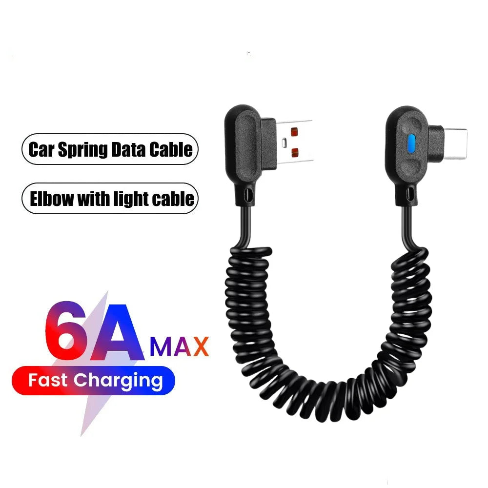6A USB-C 90° Elbow Fast Charging Cable | Retractable Spring USB-C Charging Cable QXL