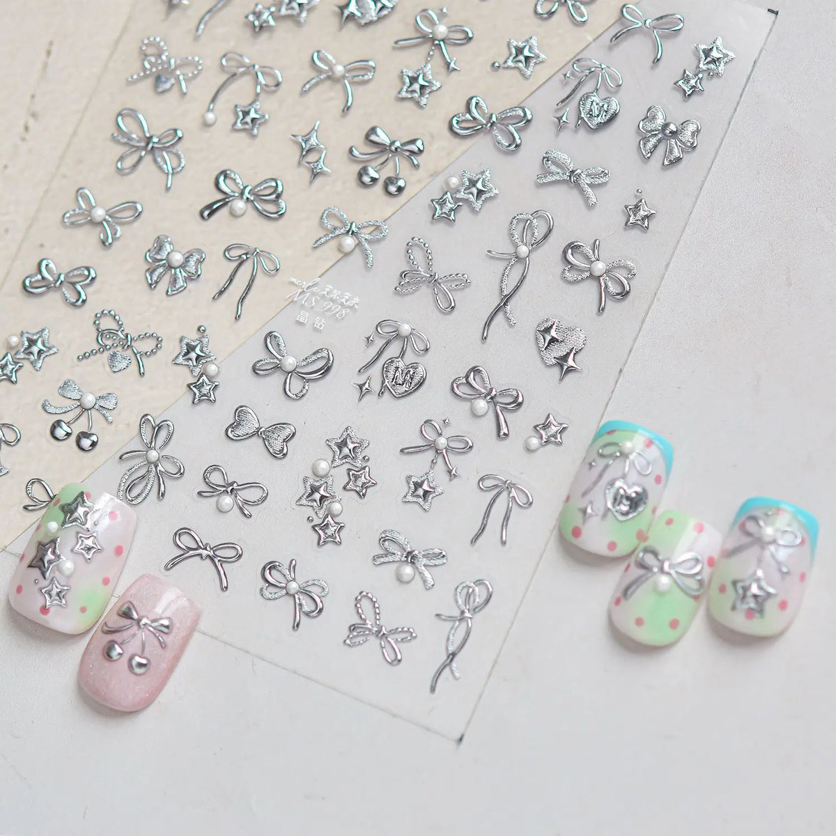 5D Metal Bow Nail Stickers – Star Heart Pearl Tassel Decals Nail Art Stickers QXL