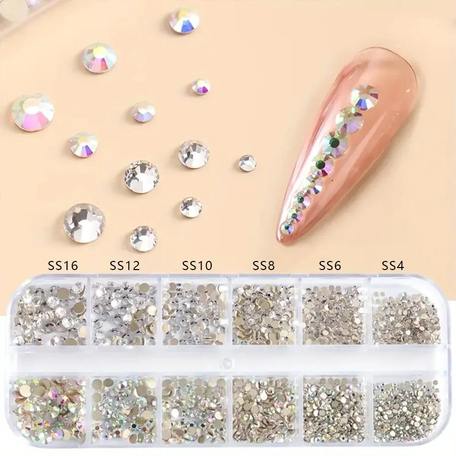 1440-Pc AB & White Glass Nail Rhinestones | 12-Grid Mixed Set Nail Rhinestone Set QXL