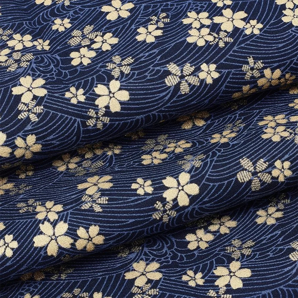 Blue Sakura Quilting Fabric 1 Yard | Gold Cherry Blossom Print Quilting Fabric QXL