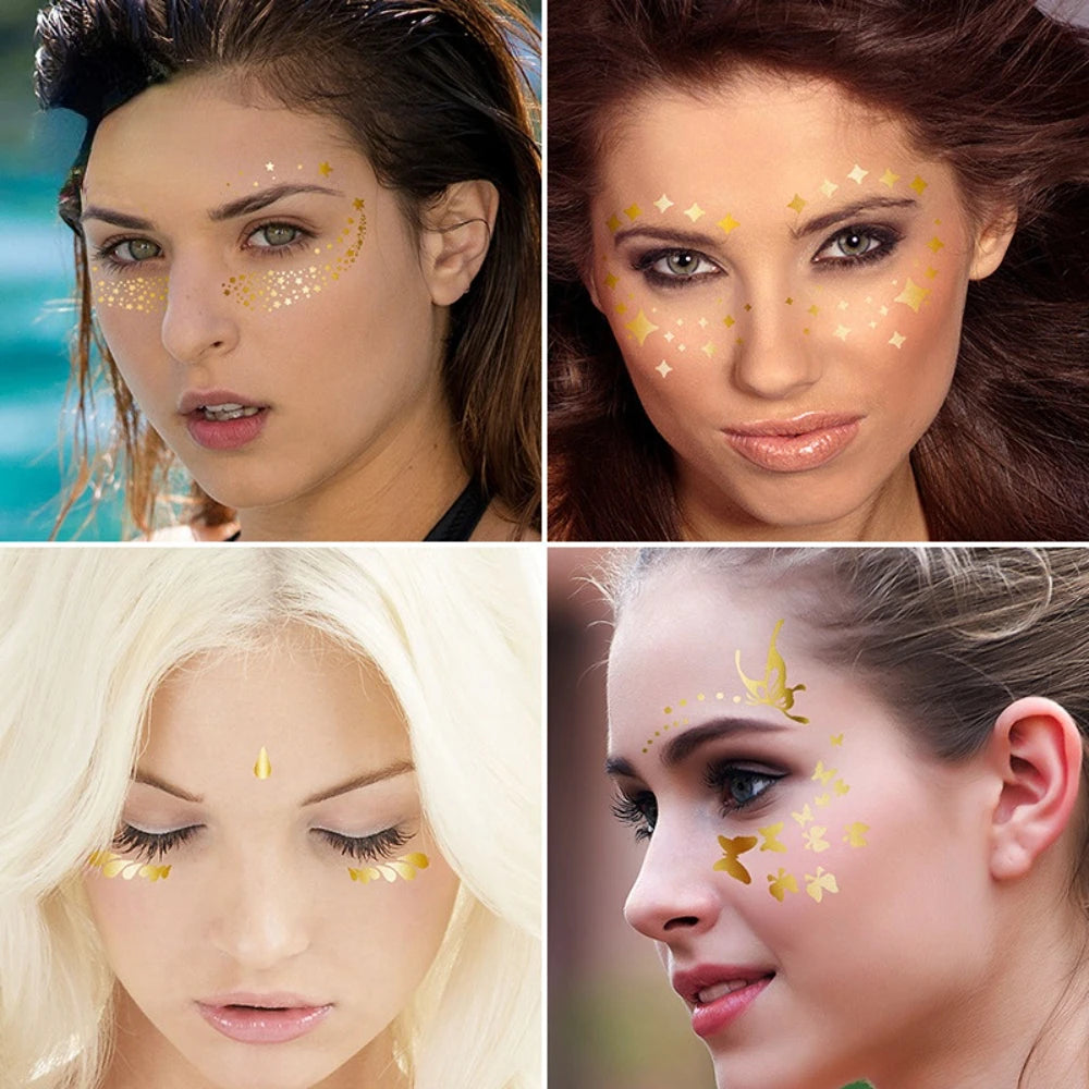 Golden Face Temporary Tattoo Sticker | Festival Eye Decal Temporary Face Tattoo QXL
