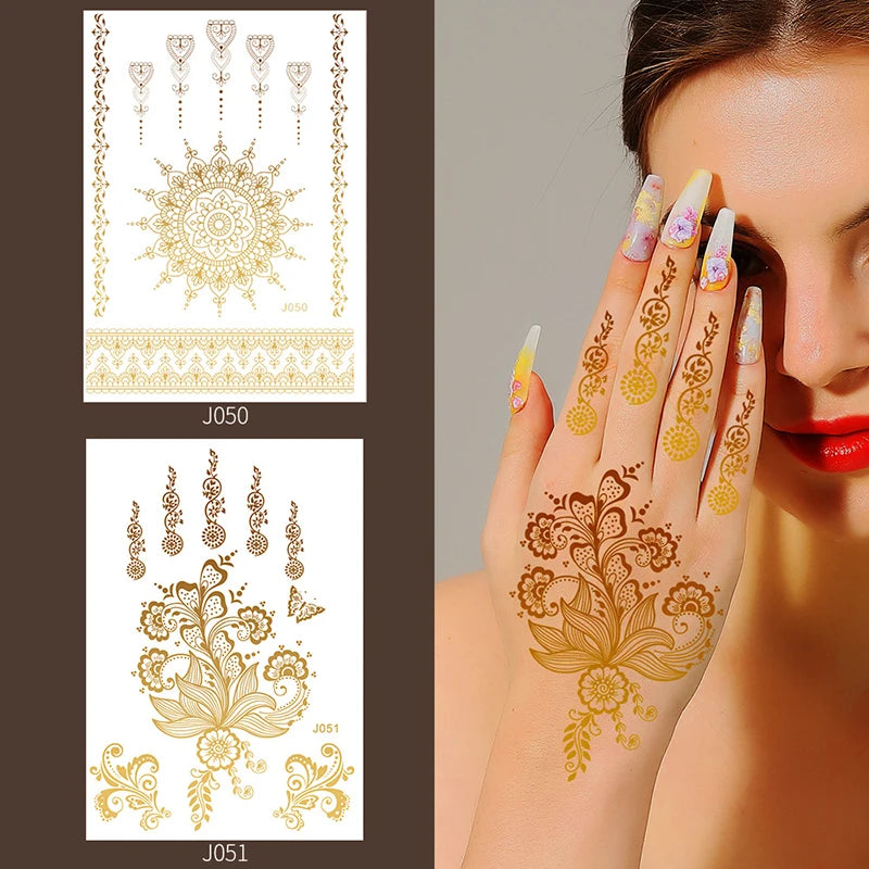 Gold Henna Tattoo Stickers | Waterproof Flower Temporary Tattoos Temporary Tattoo Stickers QXL