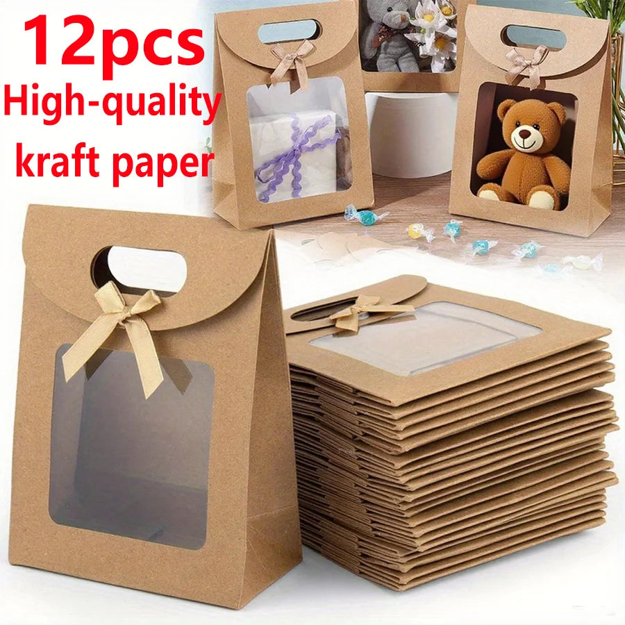 12-Pack Kraft Stand-Up Gift Bags with Window & Ribbon Gift Bags QXL