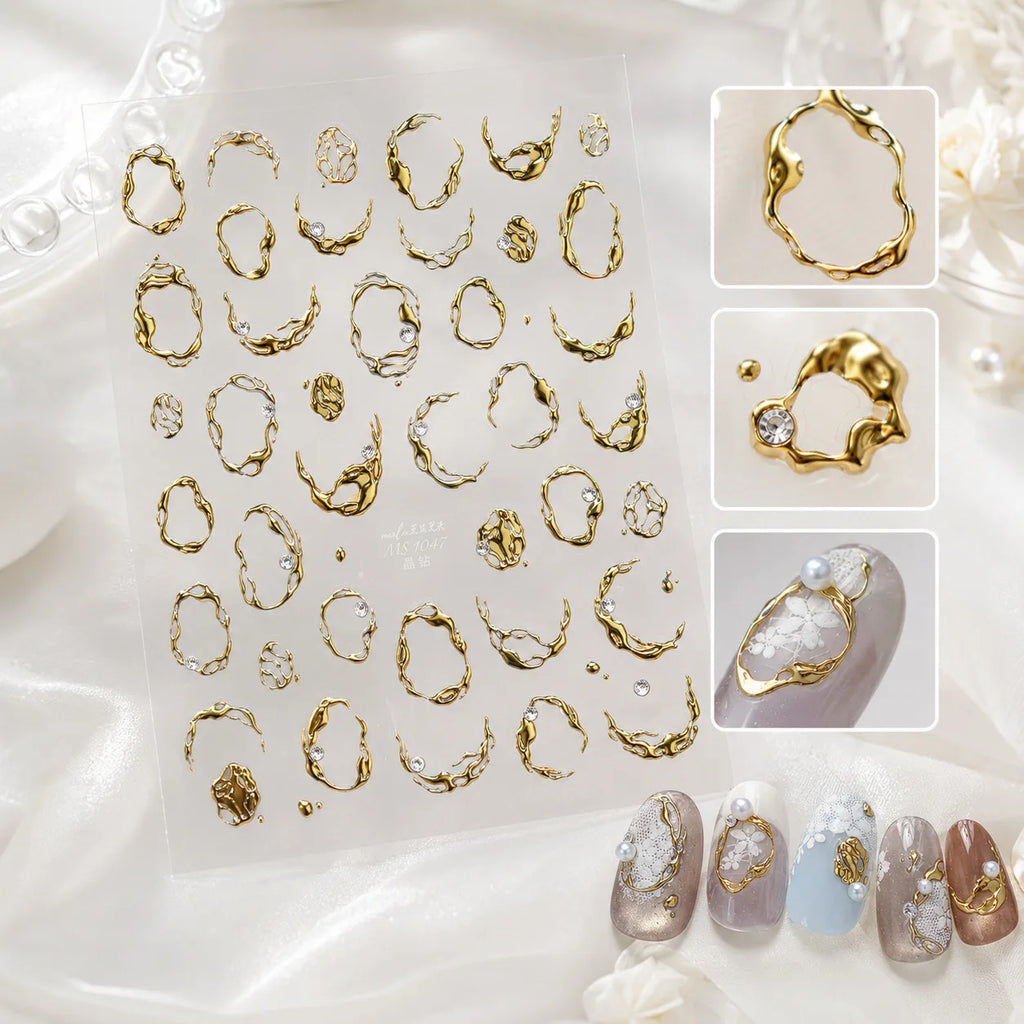 5D Nail Stickers Gold Silver Water Ripple Rhinestone Decals Nail Art Stickers QXL