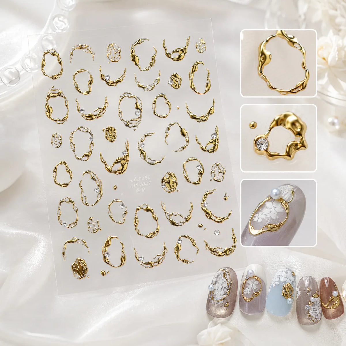 5D Nail Stickers Gold Silver Water Ripple Rhinestone Decals Nail Art Stickers QXL