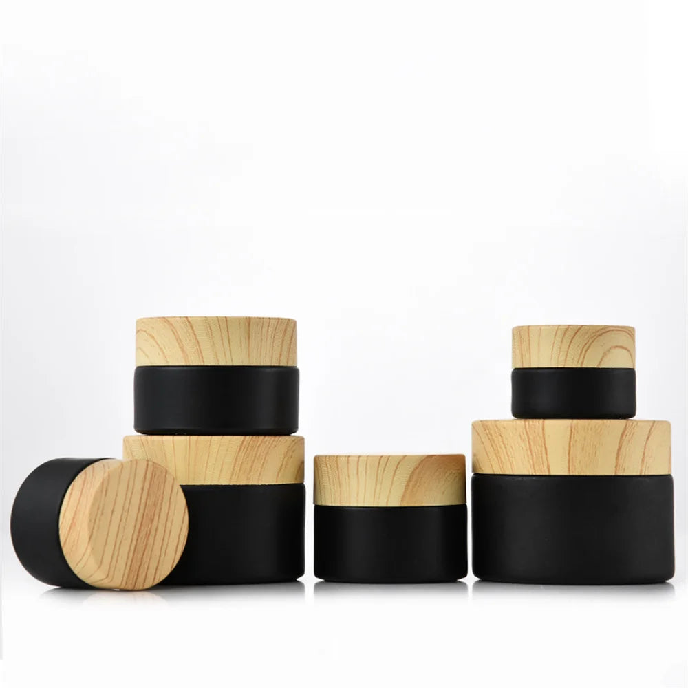 Matte Black Glass Cosmetic Jars Wood Cap | 5g–50g Refillable Cosmetic Glass Jar QXL