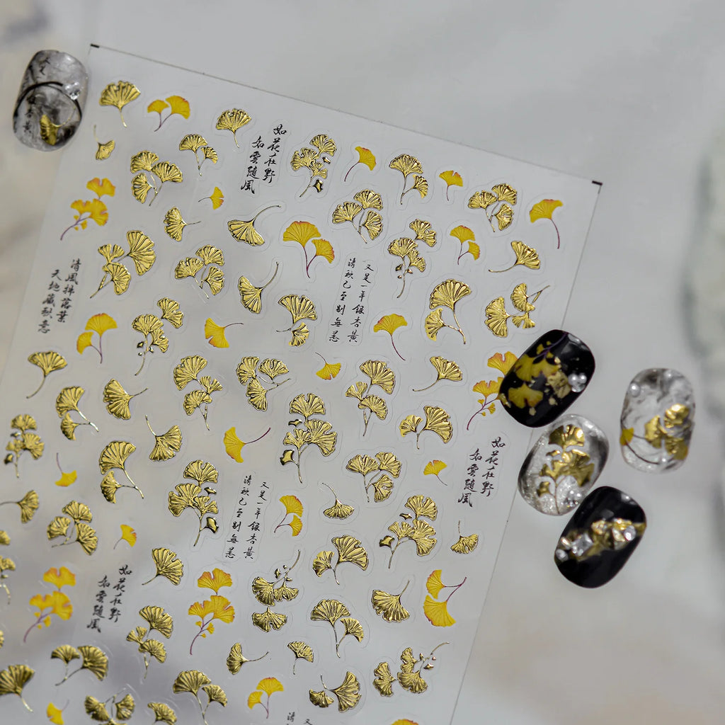5D Ginkgo Leaf Nail Stickers | Gold Silver Hot Stamping Decals Nail Art Stickers QXL