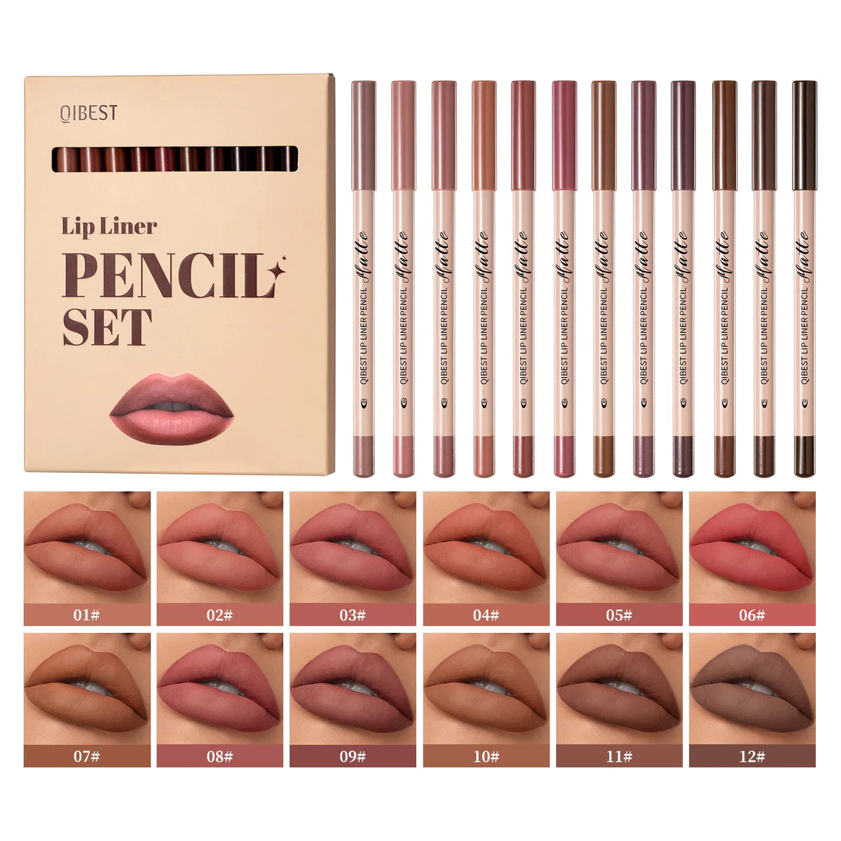 12-Piece Matte Lip Liner Set | Nude Waterproof Wood Pencils Lip Liner Set QXL 12pcs set