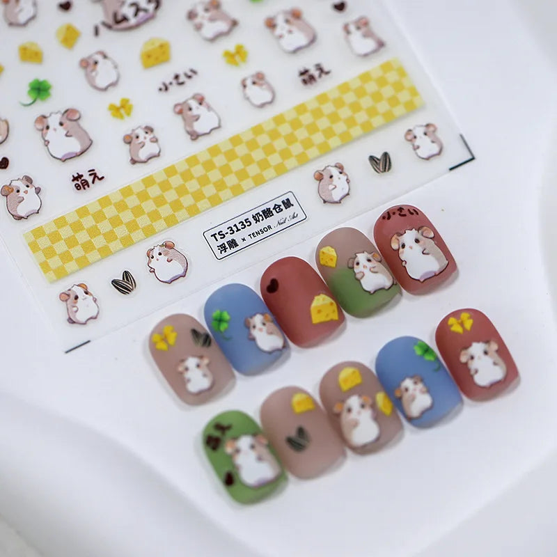 5D Kawaii Hamster Nail Art Stickers | Embossed Cartoon Decals Nail Art Stickers QXL