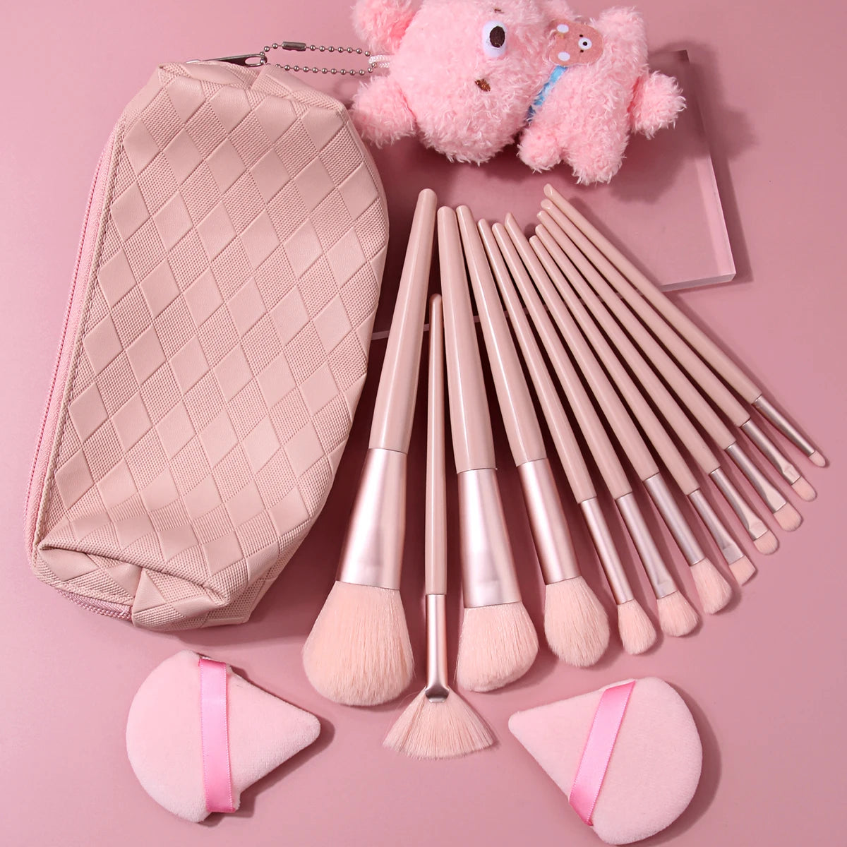 16-Pc Pink Makeup Brush Set | Diamond Bag & Bunny Keychain Makeup Brush Set QXL