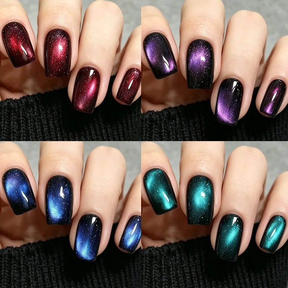 96-Pc Cat Eye Press On Nails | Short Square Glossy Glitter Press On Nails QXL