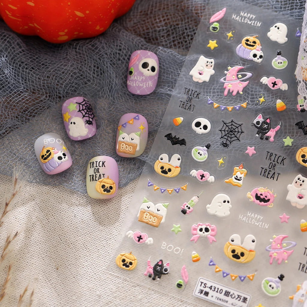 Halloween 5D Nail Stickers – Ghost Pumpkin Bat Spider Web Decals Nail Art Stickers QXL