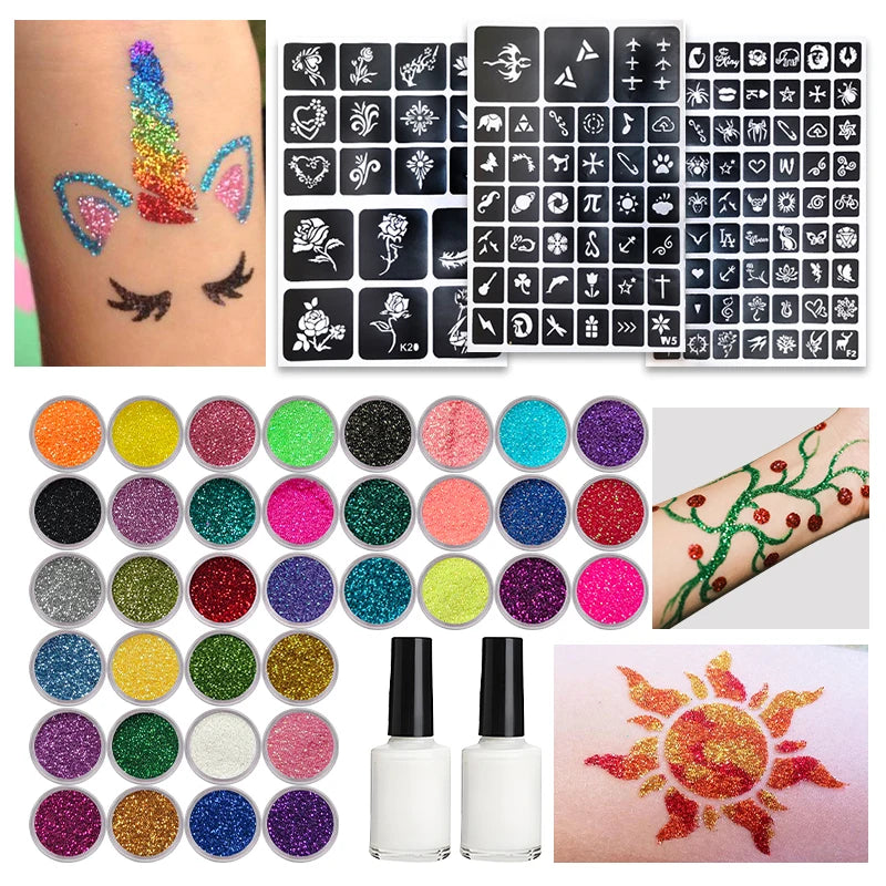 DIY Glitter Tattoo Kit – 36 Colors, Templates & Brushes Glitter Tattoo Kit QXL