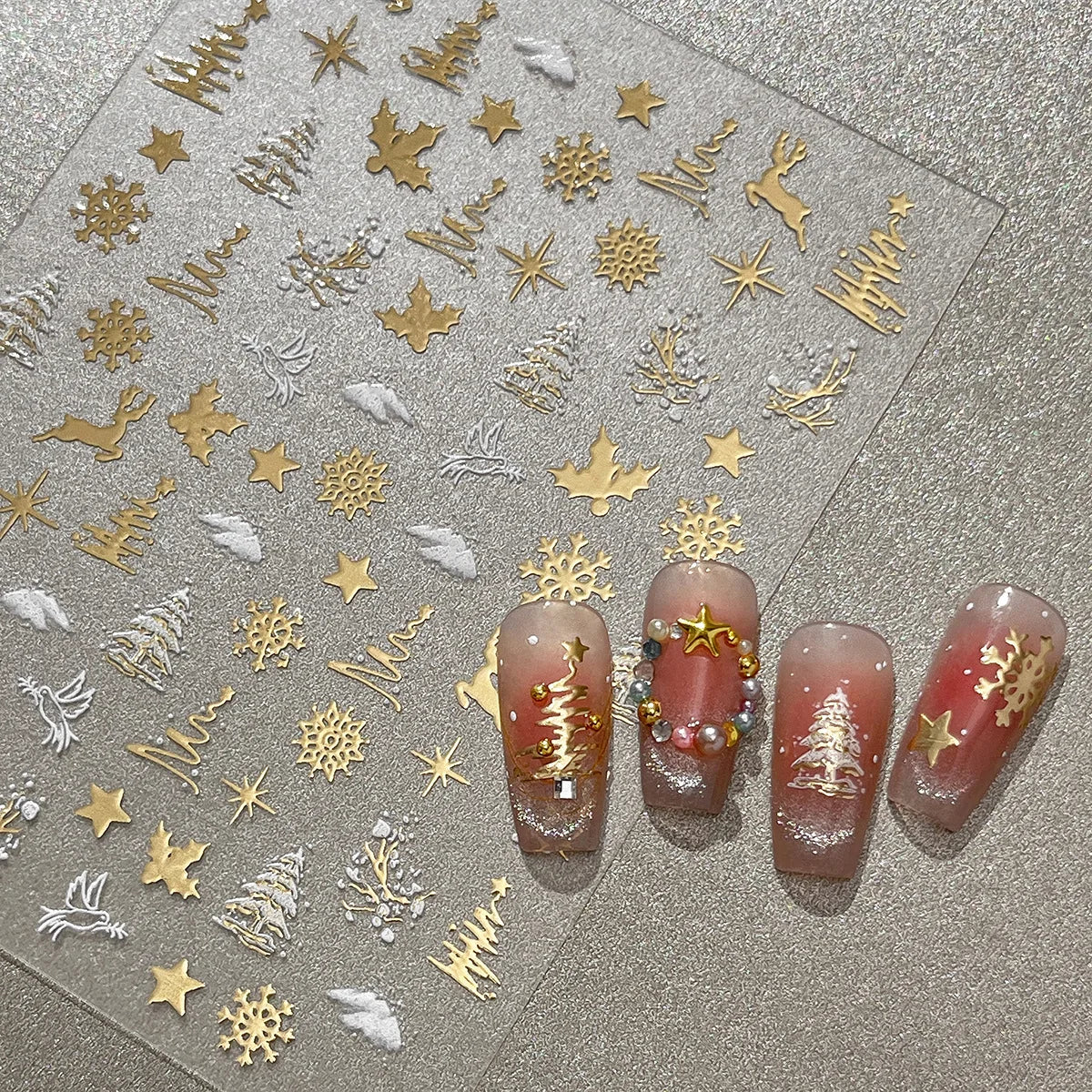 Christmas 5D Gold Foil Nail Stickers – Reindeer & Snowball Nail Art Stickers QXL