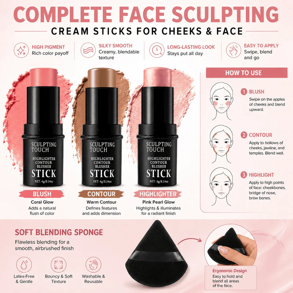4-Pc Face Sculpting Kit | Blush, Contour & Highlighter Sticks Face Sculpting Kit QXL