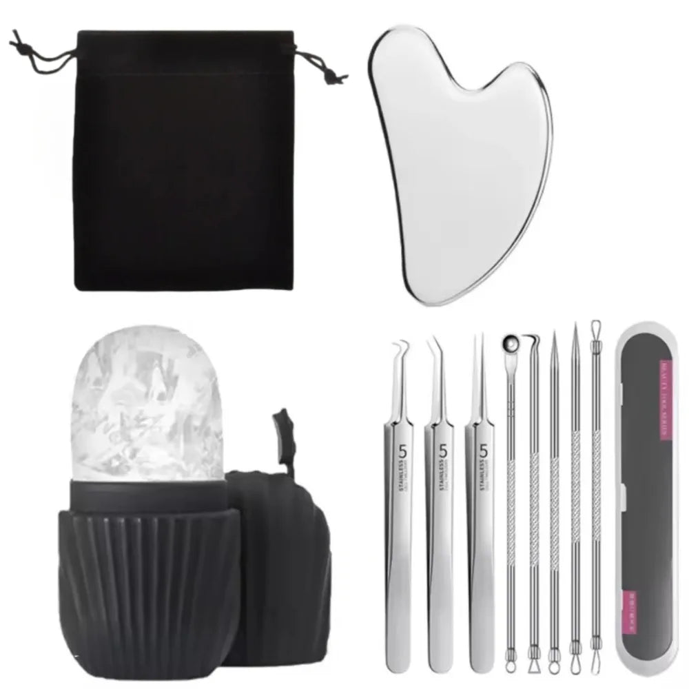 Face Ice Roller, Gua Sha Board & Blackhead Extractor Set Facial Skincare Tool Set QXL