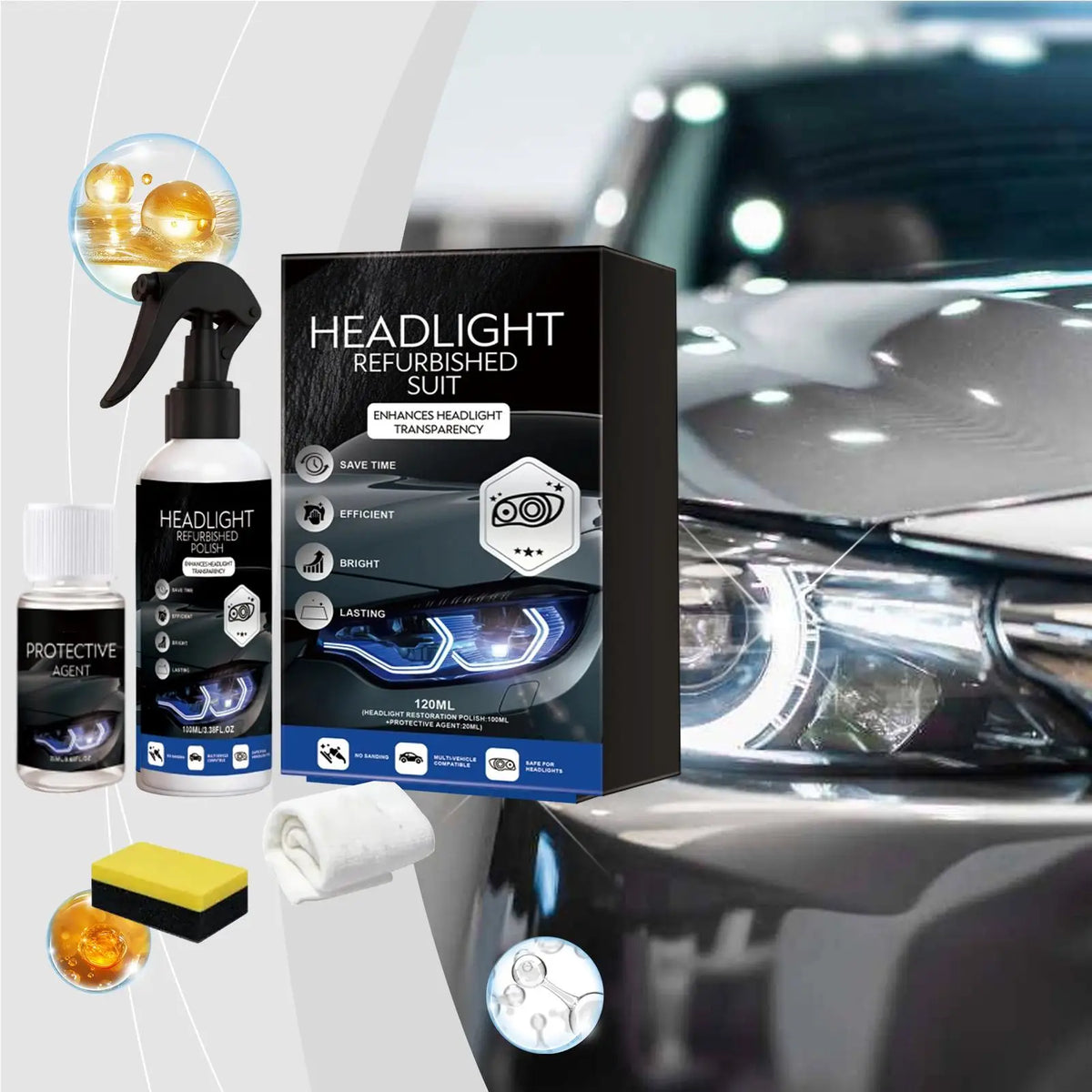 Car Headlight Restoration Spray Kit – Removes Oxidation & Yellowing Headlight Restoration Kit QXL