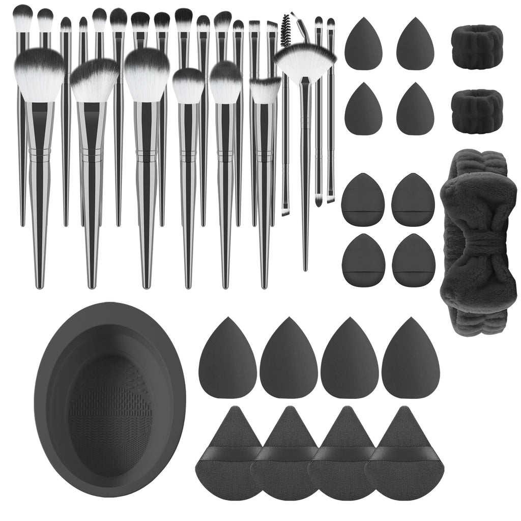 25-Pc Makeup Brush Set with Sponges, Puffs & Cleaning Bowl Makeup Brush Set QXL 45pcs