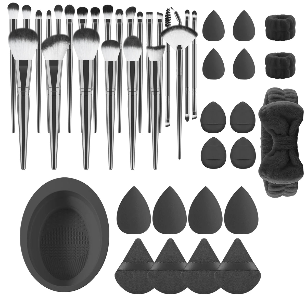 25-Pc Makeup Brush Set with Sponges, Puffs & Cleaning Bowl Makeup Brush Set QXL 45pcs
