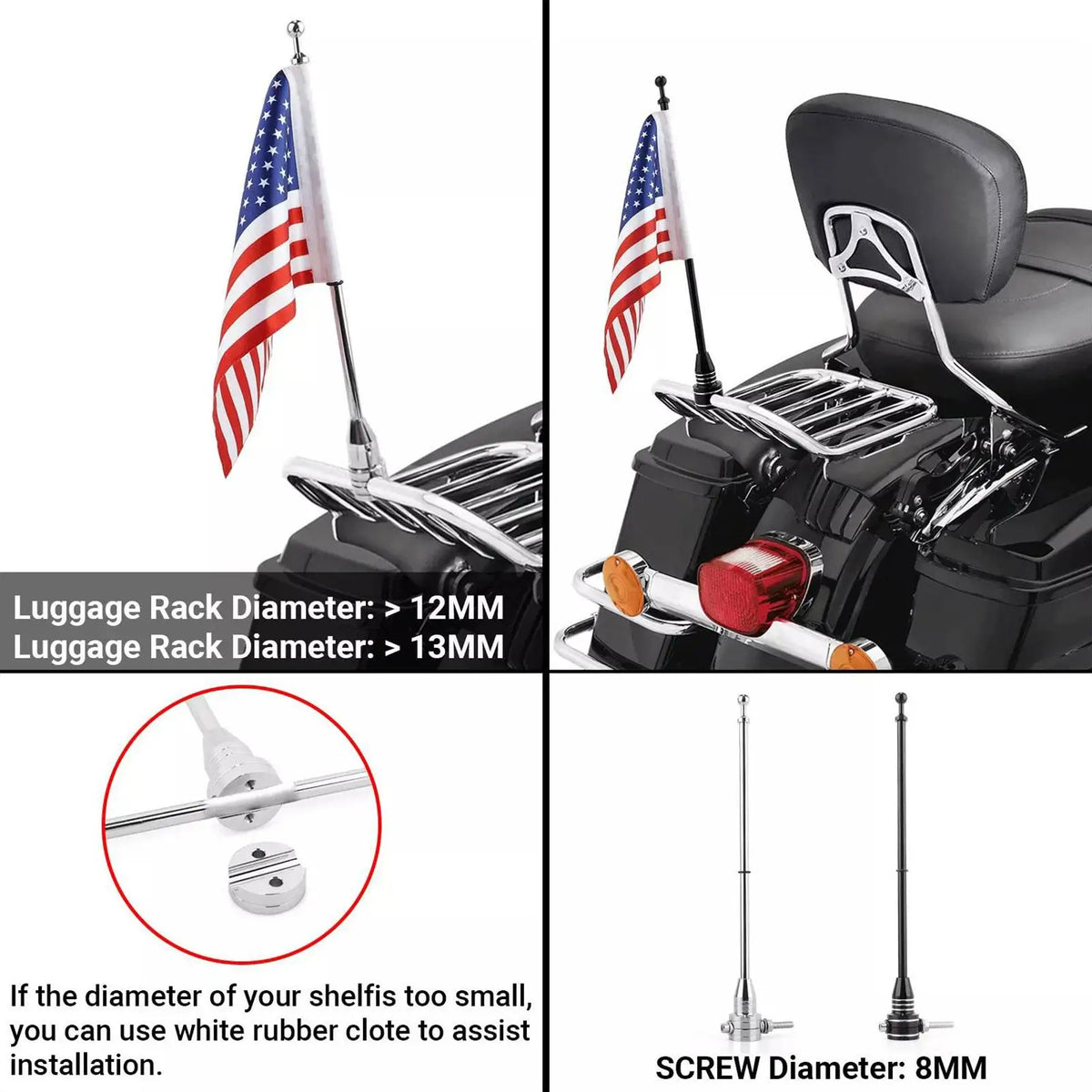 Motorcycle Luggage Rack Flag Pole Mount | Chrome & Black Motorcycle Flag Mount QXL
