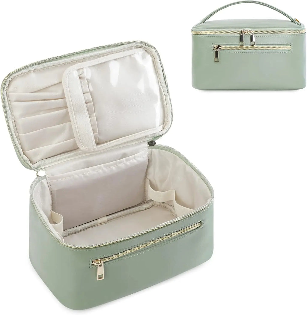 Large PU Leather Travel Makeup Bag with Brush Compartment Travel Makeup Bag QXL green