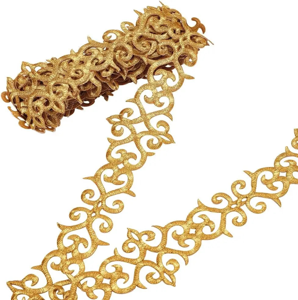 Iron-On Gold Embroidery Lace Trim 4.37 Yds | Floral Metallic Embroidery Lace Trim QXL AECH04-14564