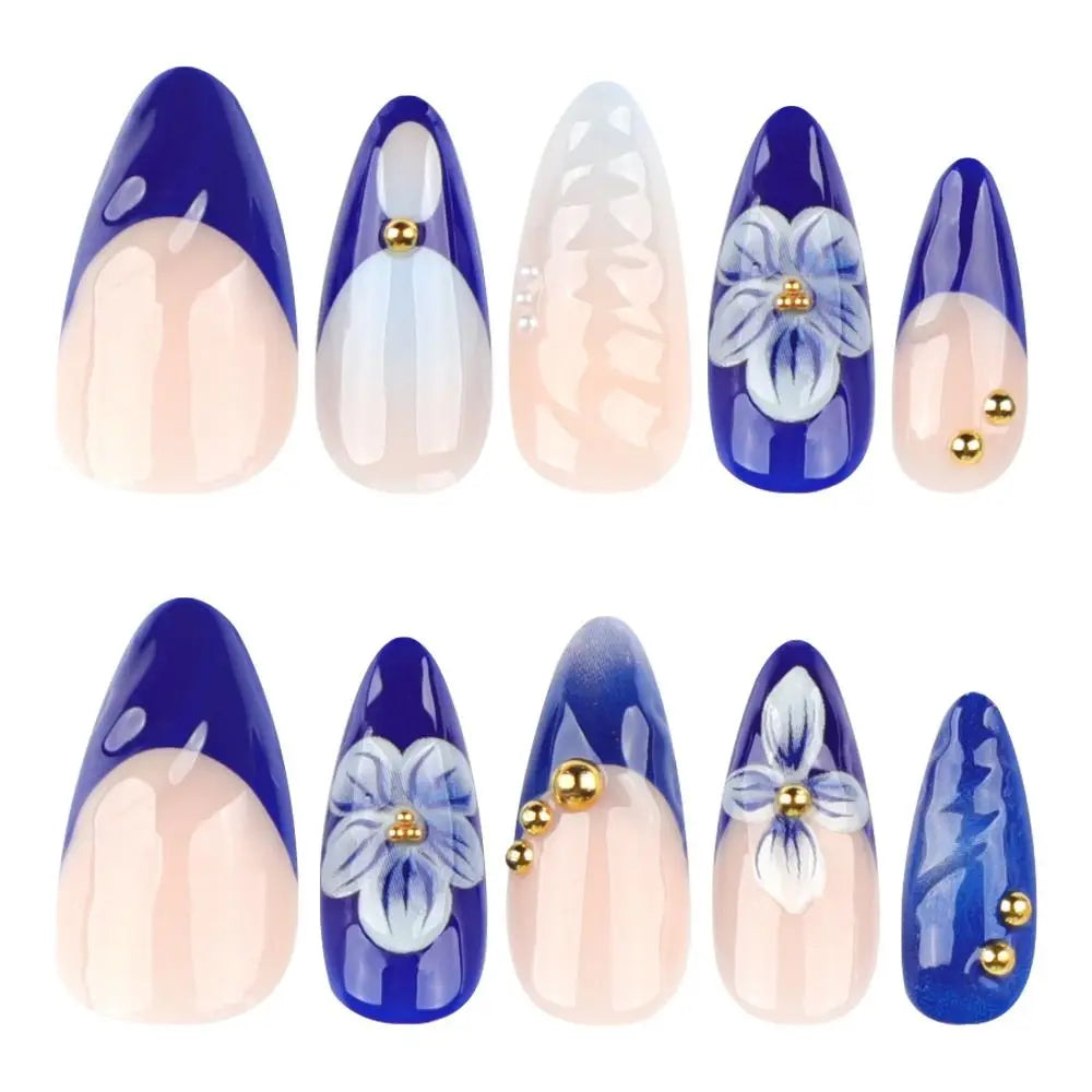 24-Pc Aurora Flower Almond Press-On Nails | French Tip Press-On Nail Set QXL