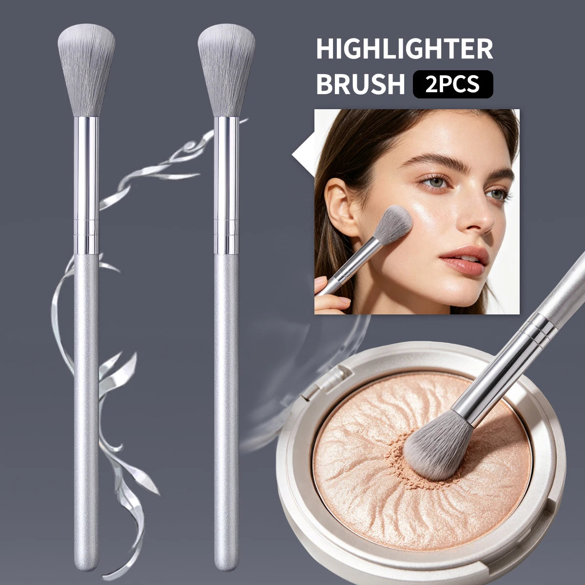 KOSSHOW 2-Pc Highlighter & Contour Brush Set | Soft Nylon Makeup Brush Set QXL Silver