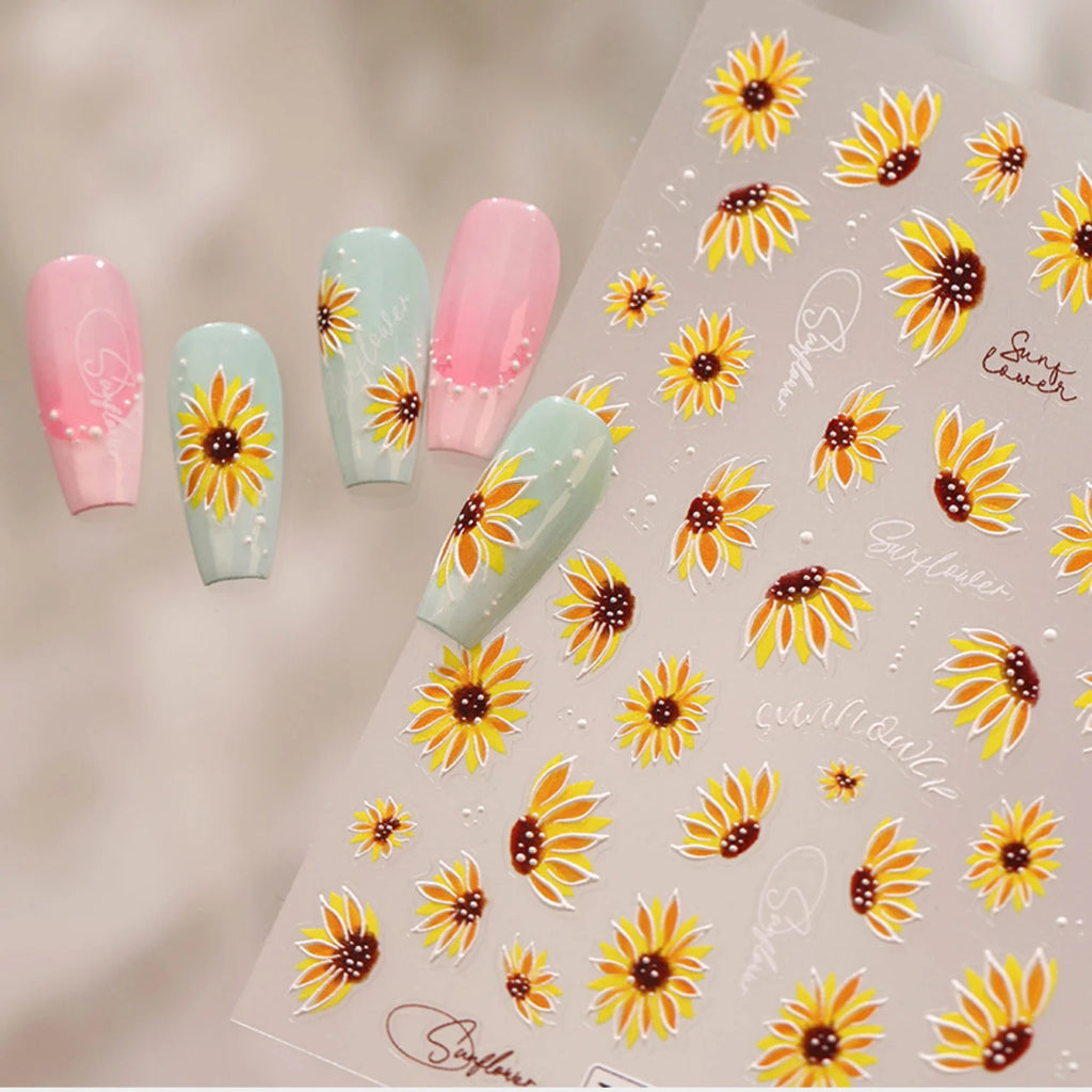 5D Sunflower Nail Stickers – Floral Self-Adhesive Nail Decals Nail Art Stickers QXL