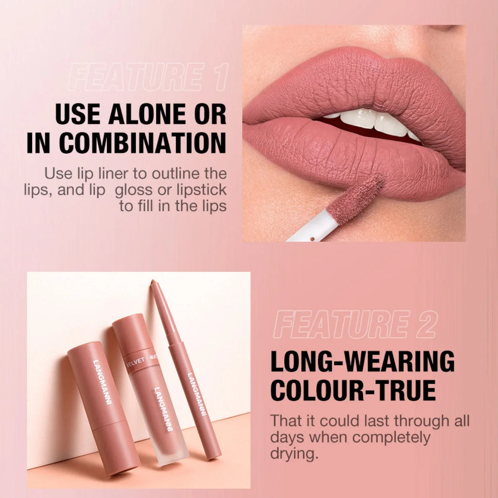 LANGMANNI 3-Pc Waterproof Matte Lip Kit – Liner & Lipstick Set Lip Makeup Kit QXL