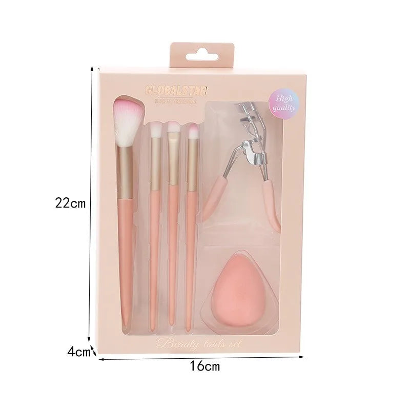 6-Piece Makeup Brush Set with Sponge & Eyelash Curler Makeup Brush Set QXL Pink