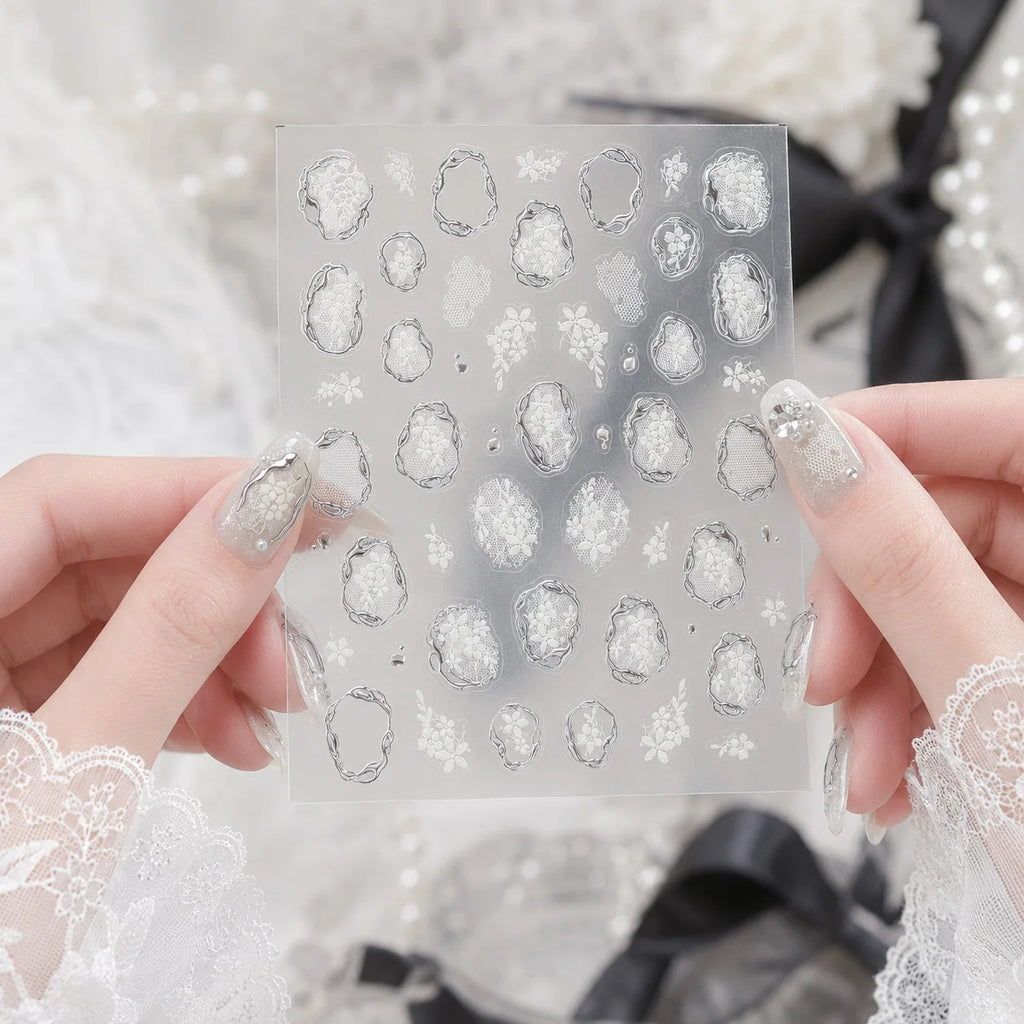 5D Lace Floral Nail Stickers | Vintage French Manicure Decals Nail Art Stickers QXL