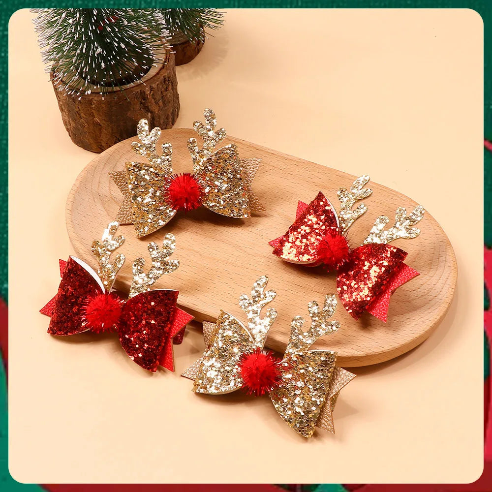 Girls Sequin Bow & Antler Hair Clips | Christmas Party Set Kids Hair Clips QXL