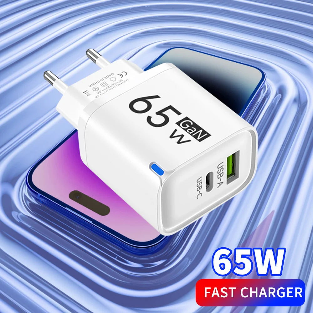 65W GaN USB-C & USB-A Fast Charger | QC 3.0 & PD Adapter GaN Wall Charger QXL