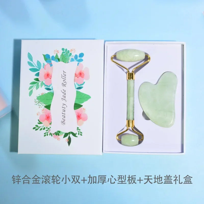 Natural Jade Roller & Gua Sha Set | Double Roller + Heart Scraper Jade Roller Gua Sha Set QXL