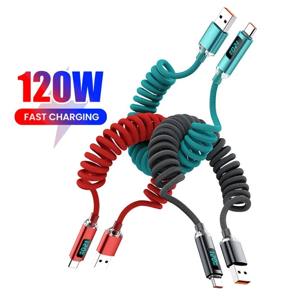 120W Retractable USB-C Fast Charge Spring Car Charger Cable USB-C Charger Cable QXL
