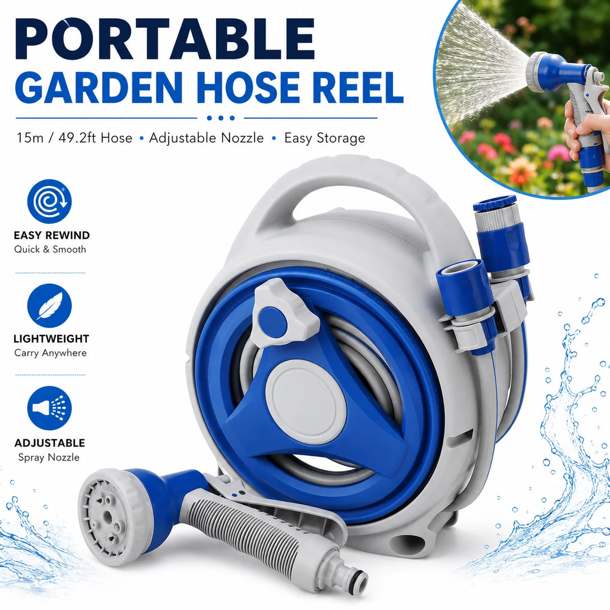 Portable Garden Hose Reel 15m | UV Resistant + Spray Nozzle Garden Hose Reel QXL
