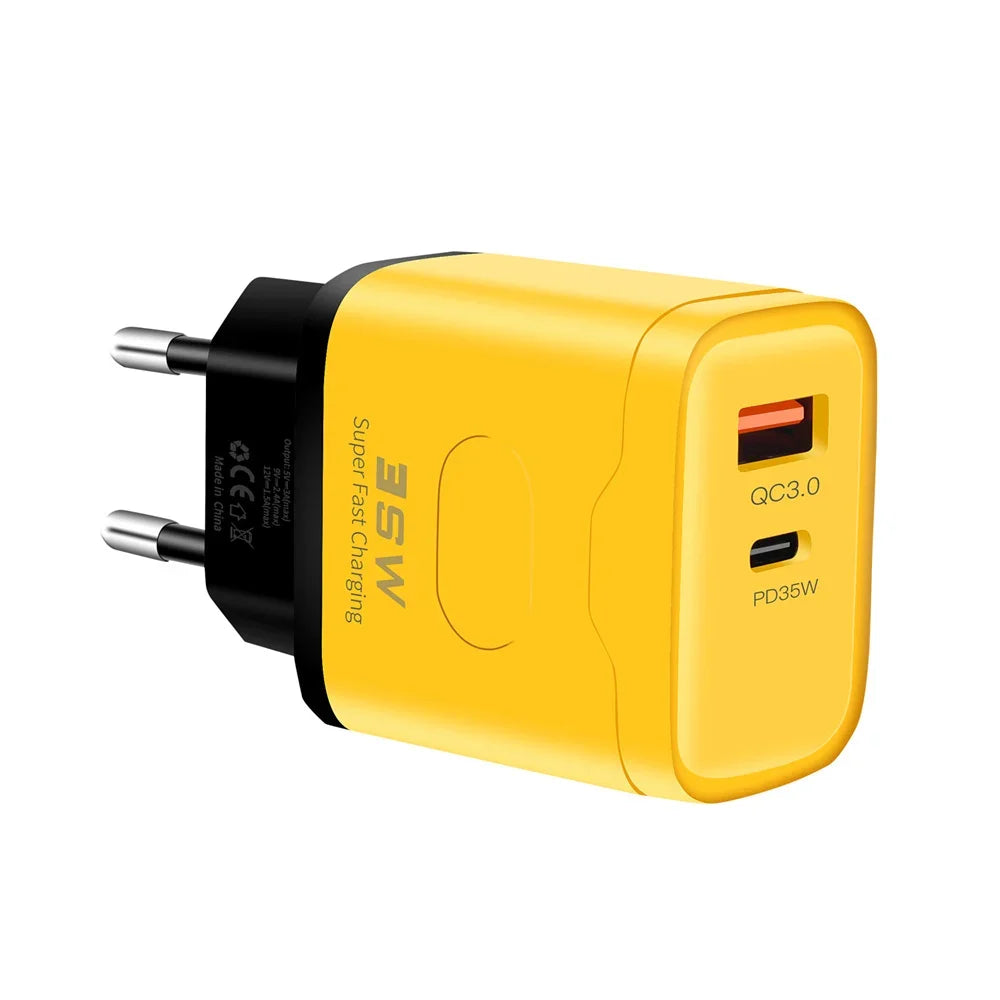 35W USB-C Fast Charger QC3.0 PD Wall Adapter EU US Plug USB-C Wall Charger QXL Yellow EU