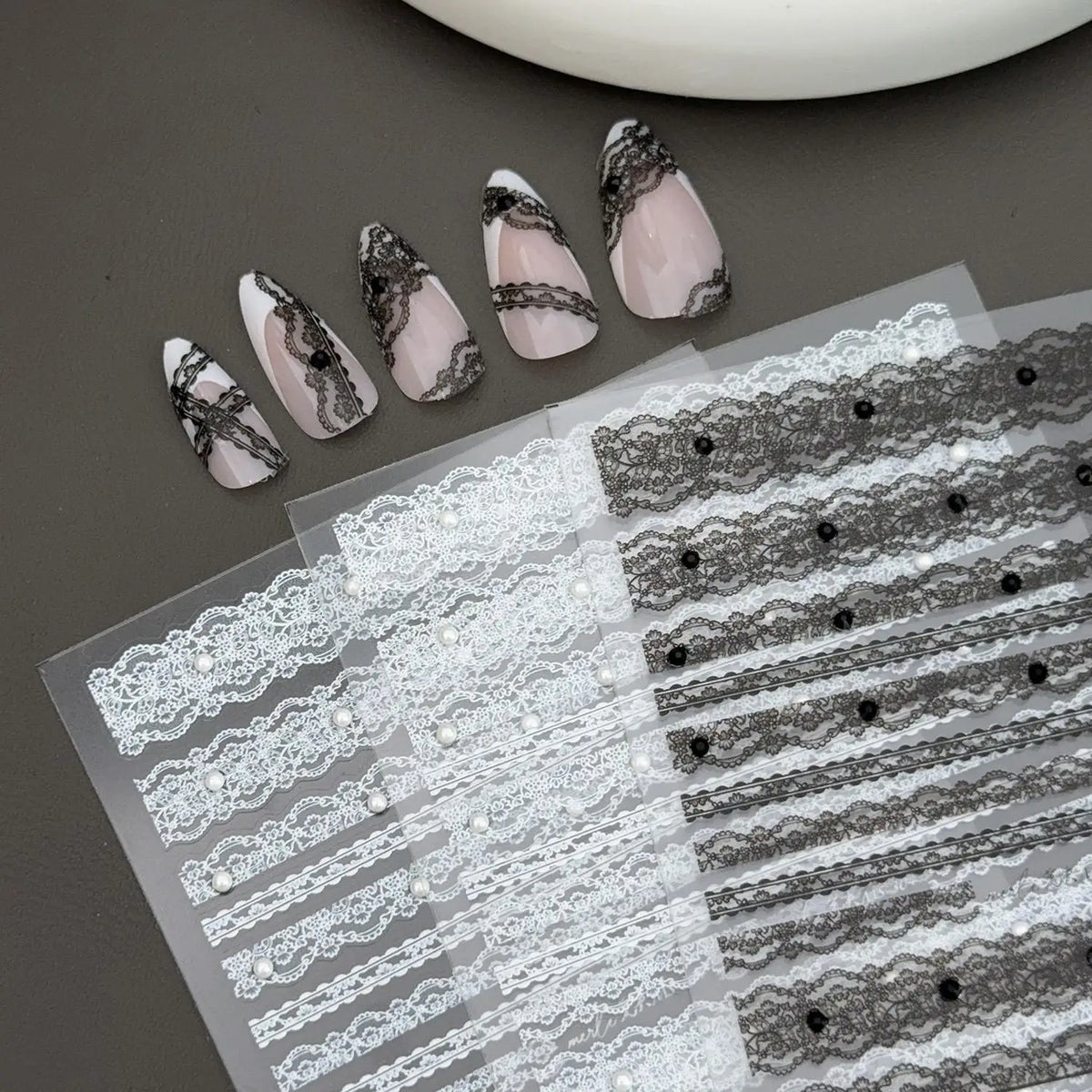 3D Lace & Pearl Nail Art Stickers | Black & White Decals Nail Art Stickers QXL
