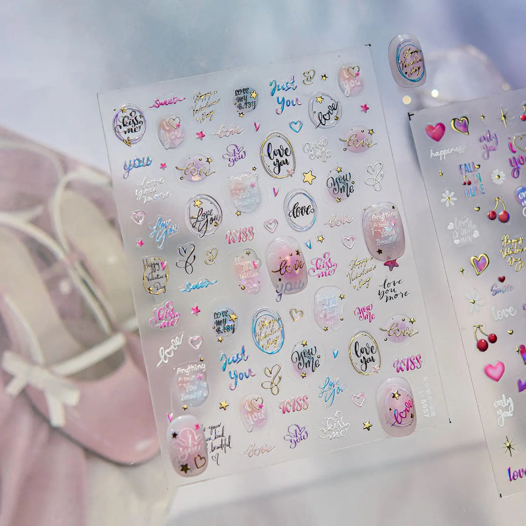 5D Holographic Laser Nail Stickers | Heart Star Cursive Decals Nail Art Stickers QXL